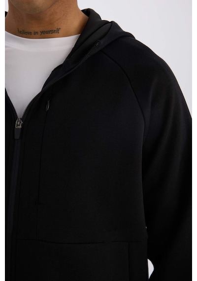 DeFactoFit Slim Fit Dar Kesim Kapüşonlu Skuba Dalgıç Kumaş Fermuarlı Sporcu Sweatshirt A6956AX25SPBK81