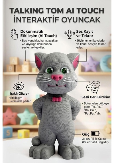 Talking Tom İnteraktif Konuşan Kedi - Ses Taklit Eden Ses Kaydeden Dokunmatik Sensörlü Oyuncak