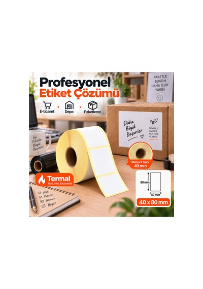 40x80 Mm Rulo Termal Ribonsuz Barkod Etiketi 40 Mm Masura 1000'li Sarım