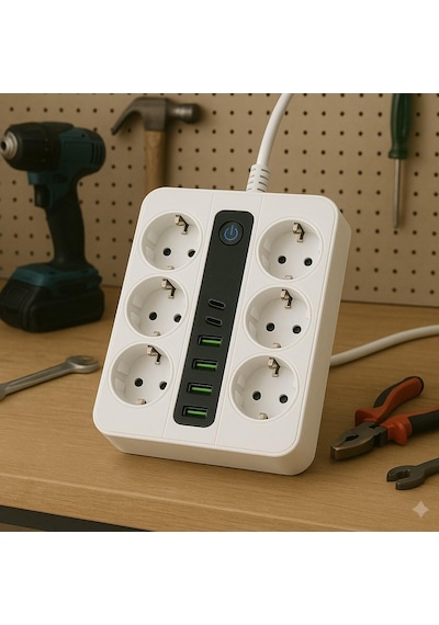 6 Prizli Akım Korumalı Çoklu Priz 4 Usb Şarj Girişli Duvar Tipi Anahtarlı Güvenlik Korumalı 1 - 3 M