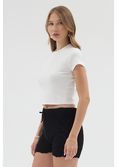 Urbantrendstore Kadın Bisiklet Yaka Likralı Kısa Kol Body Crop Bluz Günlük Şık Sade Yazlık Casual Crop Kadın Crop Beyaz