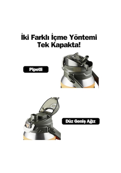 Tkk Mega Boy 1500ml Pipetli/pipetsiz Kullanım Askılı Paslanmaz Çelik Termos Matara Turuncu Çok Renkli