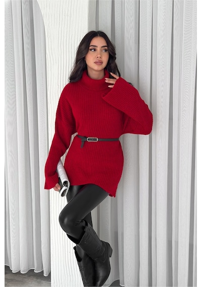 Femelle Kadın Kırmızı Standart Beden Basic Boğazlı Oversize Triko Kazak