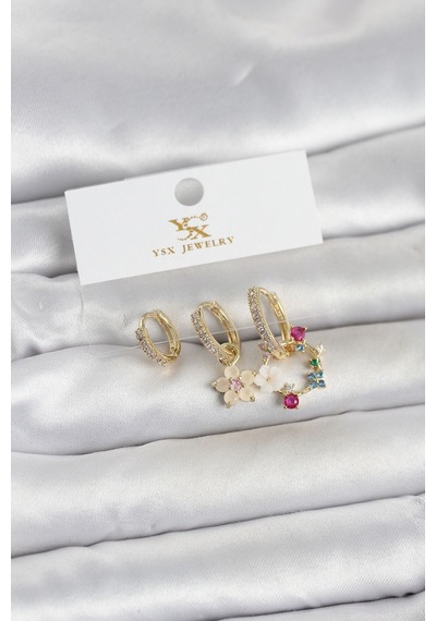 Pirinç Gold Renk Çiçek Model 3'lü Kadın Küpe Çok Renkli 45527838