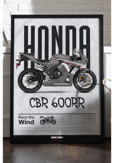 Honda Cbr 600rr Siyah Ahşap Çerçeveli Poster, Dekoratif Motosiklet Duvar Tablosu