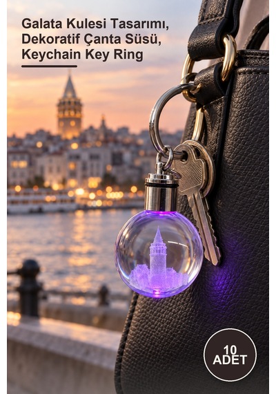 10 Adet Ledli Kristal Anahtarlık Galata Kulesi Tasarımı, Dekoratif Çanta Süsü, Keychain Key Ring