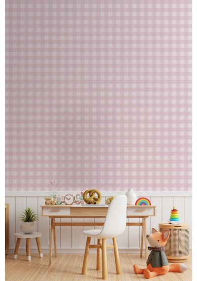 Ekose Desenli Duvar Sticker Yarım Kaplama Duvar Kağıdı Görünümlü Sticker 54x109 Cm Ekoseli Pembe Ton Dijital Baskı