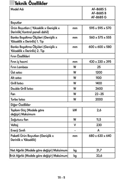 Vestel AF-8685 B 69 LT Ankastre Fırın