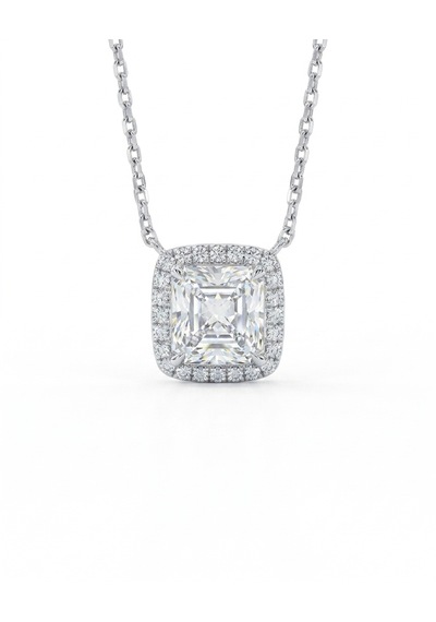 Kadın Moissanite Taş Kare Ve Etrafı Taşlarla Çevrili Gümüş Kolye