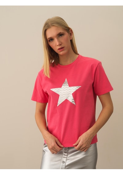 Xint Pembe Oversize Bisiklet Yaka Pamuk Tişört 602325
