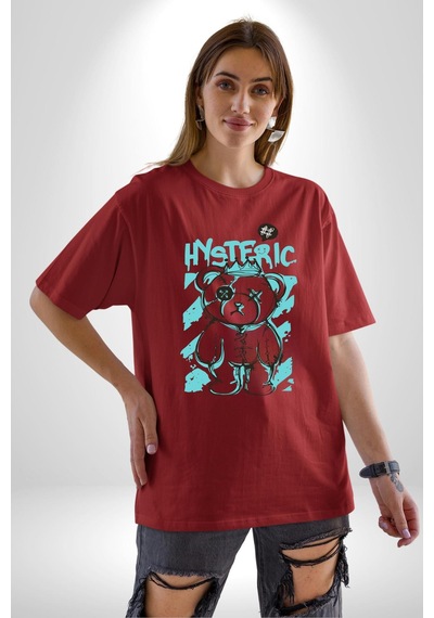 Histerik Pamuklu Bisiklet Yaka Unisex Oversize Boyfriend Dijital Baskılı Kırmızı T-shirt Kırmızı