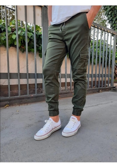 Haki Slim Fit None Denim Yandan Cepli Bel Bağcıklı, Paçaları Lastikli Erkek Kargo Pantolon Haki