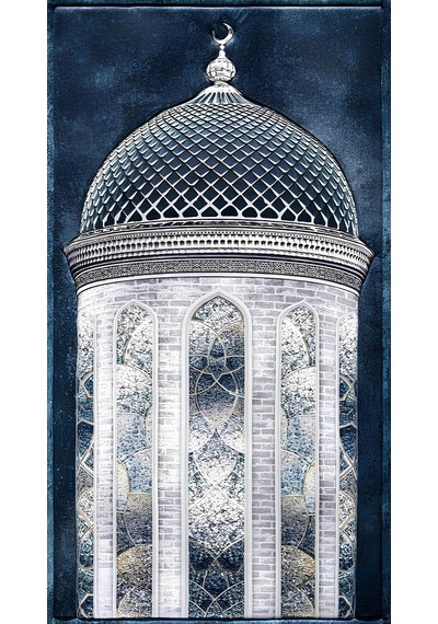 Lacivert Kubbeli Cami Desenli Saçaklı Bambu Namaz Seccadesi 80x130