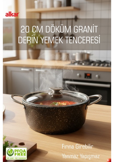 20 Cm Küçük Boy Döküm Granit Yapışmaz Fırına Girebilir Yemek Tenceresi Siyah