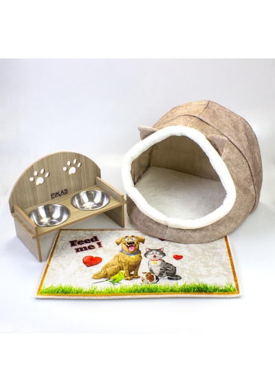 Keçe Kedi ve Köpek Evi Yatağı-Mama Kabı 2 Kaseli Kedi-Köpek Suluk