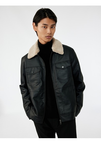 Koton Uzun Kollu Kapaklı Cep Detaylı Slim Fit Peluş Yaka Suni Deri Ceket Siyah 6wam20128hw