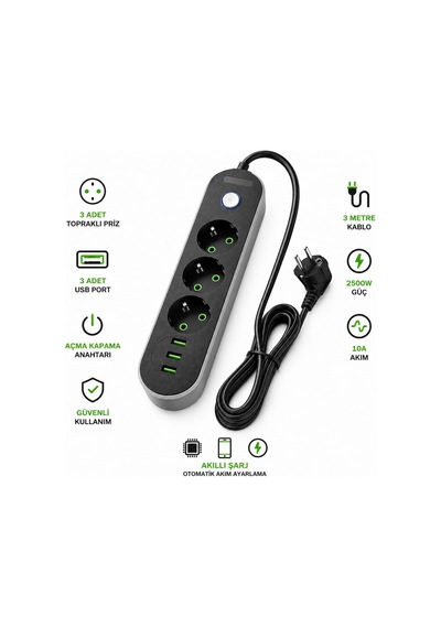 Coverzone 3 Usb Portlu 3 Lü Topraklı Uzatma Priz 3 Metre Kablolu