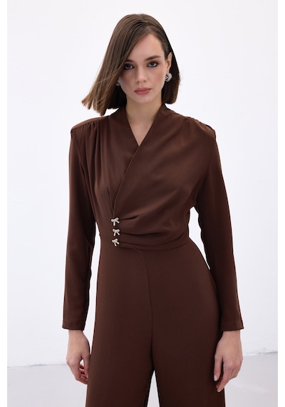 Sateen Fiyonk Aksesuarlı Krep Tulum - Kahve-136701 Kahve