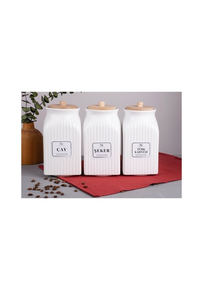 3 Lü Bambu Vakum Kapaklı Porselen 750ml Çay Şeker Türk Kahve Saklama Kavanoz Seti Bakliyat Kavanoz Beyaz Beyaz