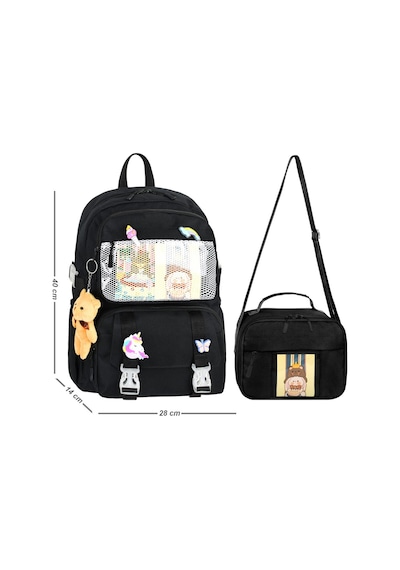 Waddell Kawaii Kore Tarzı Aksesuarlı İlkokul Sırt Ve Beslenme Çantası Siyah 25001 Siyah