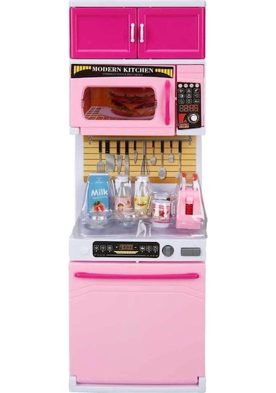 Pembe Tekli Oyuncak Mutfak Seti Mikrodalgalı ve Oyuncak Bulaşık M