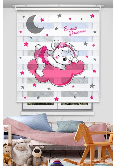 Sevimli Uyuyan Ayıcık Baskılı Çocuk Odası Perdesi - Pembe - Dijital Baskılı Zebra Stor Perde Pembe