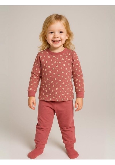 Kız Çocuk Çiçek Desenli Pamuklu Yumuşak Dokulu Pijama Takımı-16056 Gül Kurusu