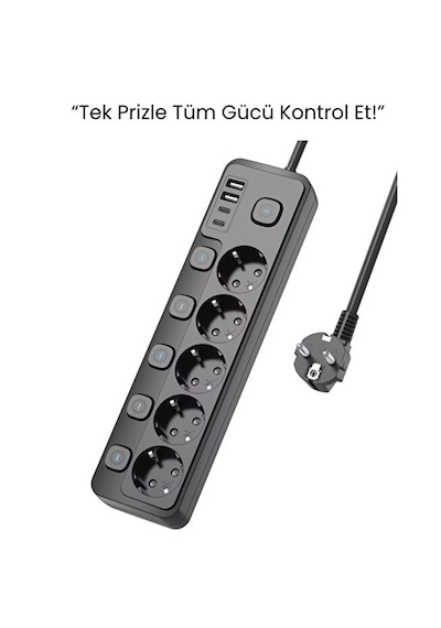 5 Li Priz + 2 Usb-a 2 Usb-c Çoklu Priz Bireysel Anahtarlı Akım Korumalı 2 Metre Kablo Hızlı Şarjlı Uzatma Kablosu 2 M