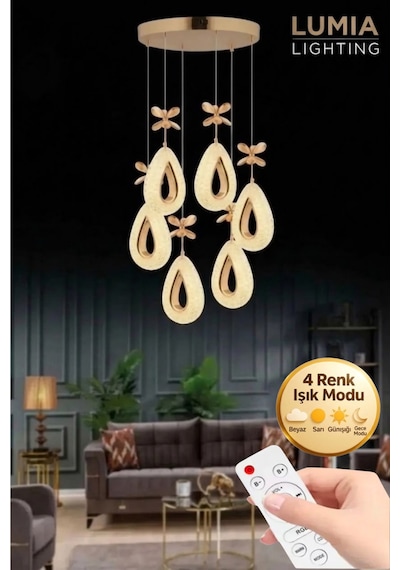 LumiaLighting Damla Model 6'lı Gold Kumandalı 3 Renk Modu Ledli Kristal Taşlı Modern Salon Mutfak Oturma Odası Led Avize
