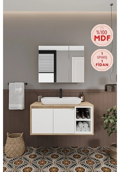 Lale Beyaz 90 Cm %100 Mdf Lavabolu Banyo Dolabı + Aynalı Dolap Beyaz Meşe Lale Beyaz 90 Cm %100 Mdf Lavabolu Banyo Dolabı + Aynalı Dolap Beyaz Meşe