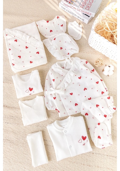 Babymod Kalp Desenli Müslin 100% Pamuk 10'lu Kız Bebek Hastane Çıkışı Bebek Takımı Set