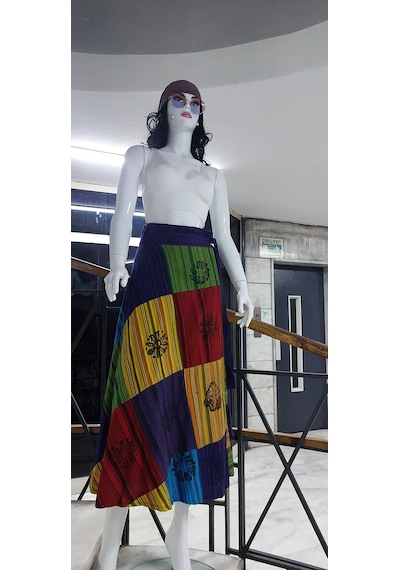 Hint Etnik Kadın Patchwork Desenli Anvelop Etek 95 Cm Sarı