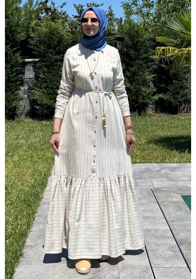 Rabia Şamlı Süreyya Çizgili Gömlek Elbise İndigo Normal