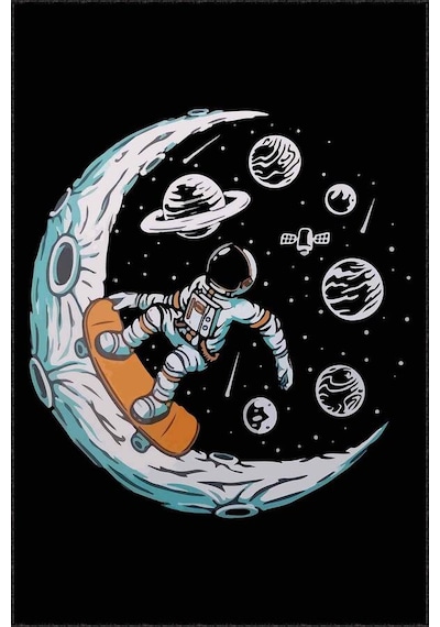 Siyah Kaymaz Taban Uzay Tema Astronotlu Çocuk Halısı Ar1161n11