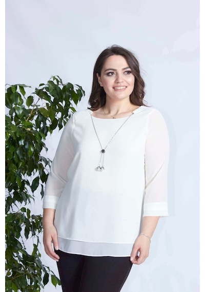 Moda Berray 1934 Kolyeli Şifon Büyük Beden Şık Bluz Ekru Ekru