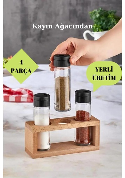 Lima 3lü Baharat Takımı Ahşap Stantlı Baharatlık Siyah Kapak Mtdlima3lübahh
