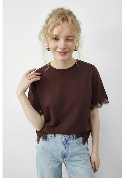 Shade Kadın Dantel Detaylı Bisiklet Yaka Oversize T-shirt 1046 60283955 - Kahverengi