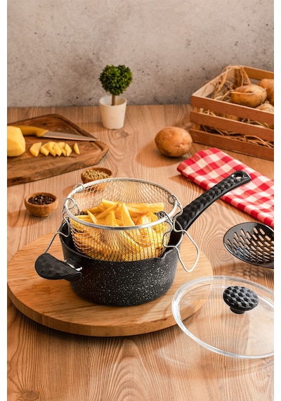 Cheflon Granit Patates,sosis,cips Kızartma Tencere Tavası Fritöz Telli 20 Cm Kapaklı Gümüş- Siyah