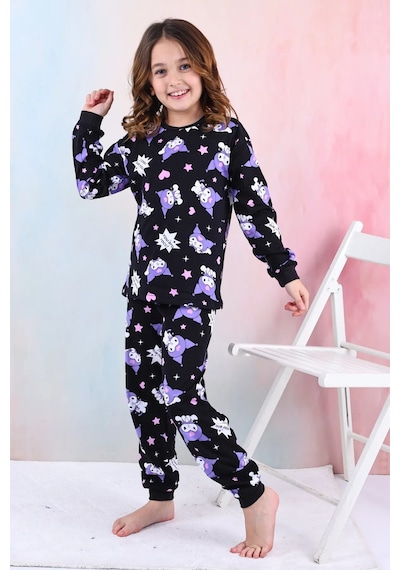 Kuromi Desenli Kız Çocuk Pijama Takımı Pembe 3-8 Yaş Siyah