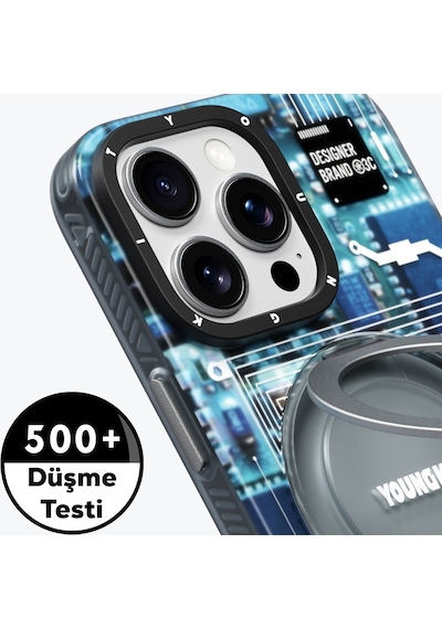 Apple Uyumlu iPhone 14 Pro Max Uyumlu Kılıf Magsafe Şarj Özellikli Youngkit 360 Standlı Technology Serisi Kapak Mavi -