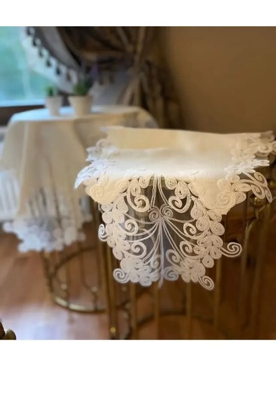 Anna Model Krem 5 Parça Salon Takımı Keten Dantelli Runner Seti Masa Örtüsü