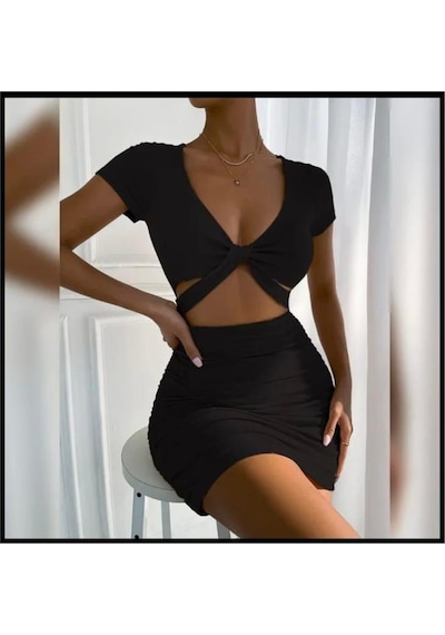 Pink Life Siyah V Yaka Hollow Out Wrap Hip Kısa Kollu Mini Elbise-siyah