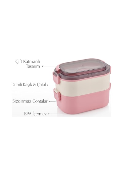 2 Katlı Taşınabilir Yemek Kabı, Lunch Box, Diyet Beslenme Kutusu, Çatal Kaşık Dahil, 11.5 X 21 X 11.5 Cm Pembe-krem Çok Renkli