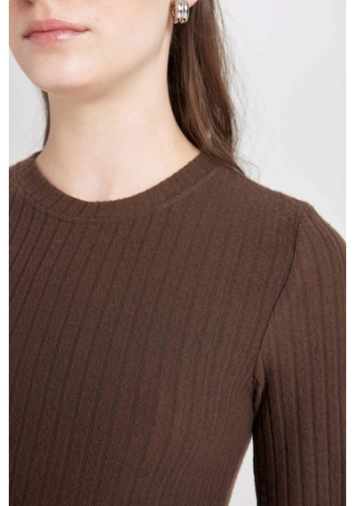 Defacto Bodycon Vücudu Saran Bisiklet Yaka Basic Düz Kaşkorse Uzun Kollu Maxi Elbise D3373AX24WNBN322 Kahve