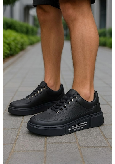 Günlük Erkek Spor Ayakkabı Bağcıklı Dikiş Detaylı Hafif Kalın Yüksek Taban Sneaker Mc06 Siyah Siyah