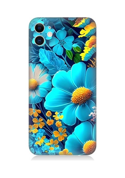 Apple Uyumlu iPhone 11 Silikon Kılıf Mavi Sarı Çiçekler