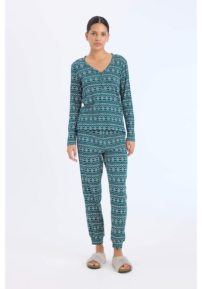 DeFacto Fall in Love Pijama Takımı Waffle Kumaş Uzun Kollu Üst Esnek Belli Uzun Alt D2284AX24WNGN1040 Yeşil