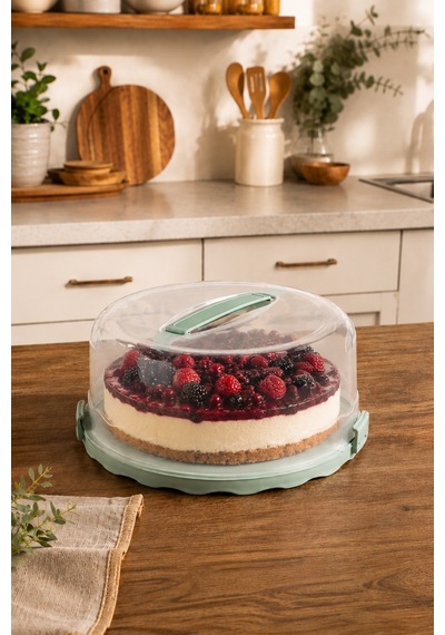Porsima L-00501-2 Kilitli Kulplu Yuvarlak Kek Ve Pasta Taşıma Fanusu 26 Cm Turkuaz / Su Yeşili