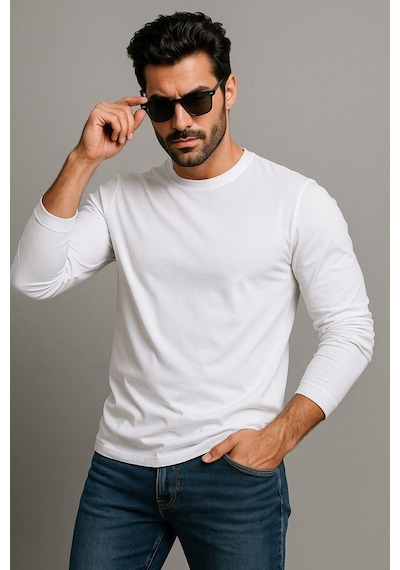 Erkek Bisiklet Yaka Beyaz Body %100 Pamuk Uzun Kollu Tişört Erkek Düz T-shirt 6012