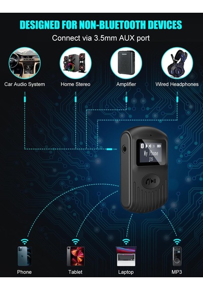 Lcd Ekranlı Bluetooth Alıcısı, Taşınabilir Aux Bluetooth 5.0 Adaptörü, Araba/ev Stereo/hoparlör/kablolu Kulakl